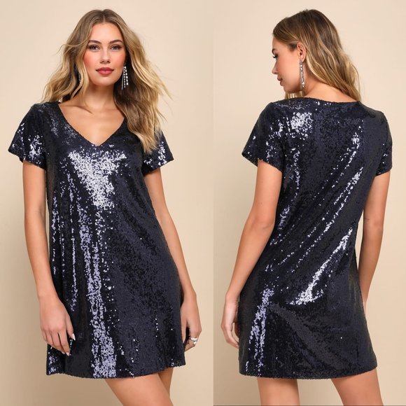 Lulus Dresses & Skirts - Lulu’s Light Up the Night Navy Blue Sequin Shift Dress | Boxy V-Neck Mini